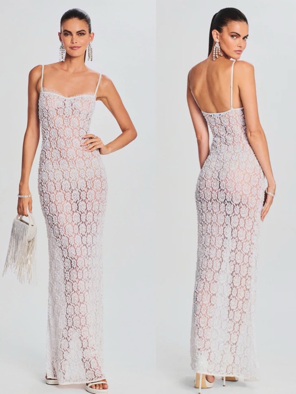 Retrofete Landy Sheer Faux Pearl & Bead Adorned Lace Maxi Dress White